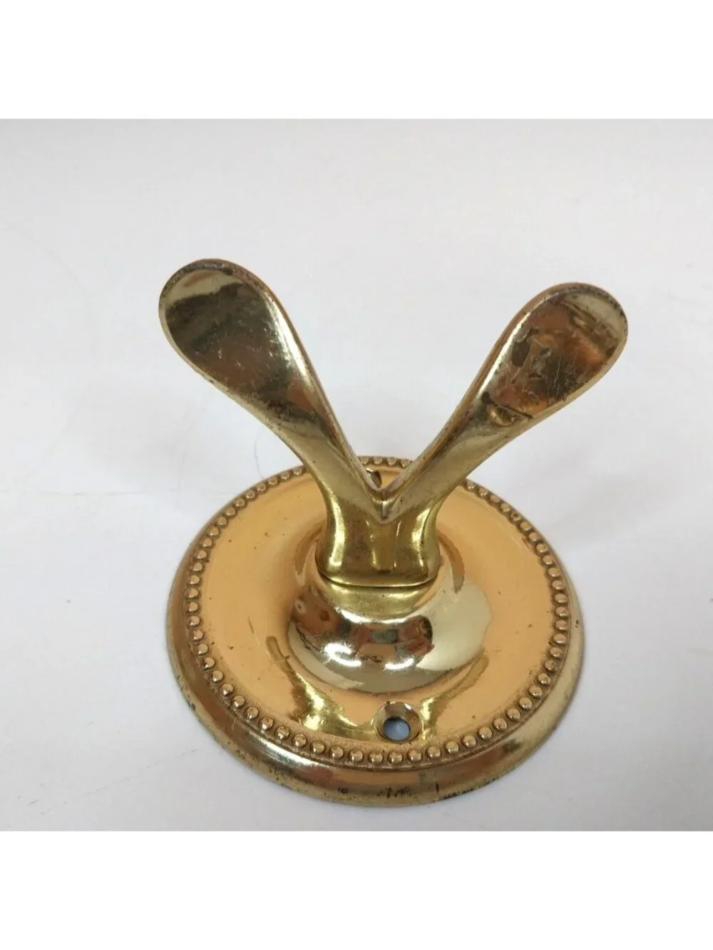 Vintage Solid Brass Wall Towel Hook Beaded Trim Dual Prong Design 4 Inches Tall